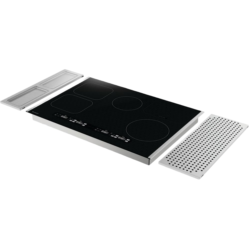 Black glass induction cooktop with four cooking zones and stainless steel ventilation panels in kitchen appliances collection
