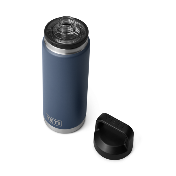 Blue insulated stainless steel 26 oz bottle with vacuum seal and removable black chug cap, part of drinkware collections