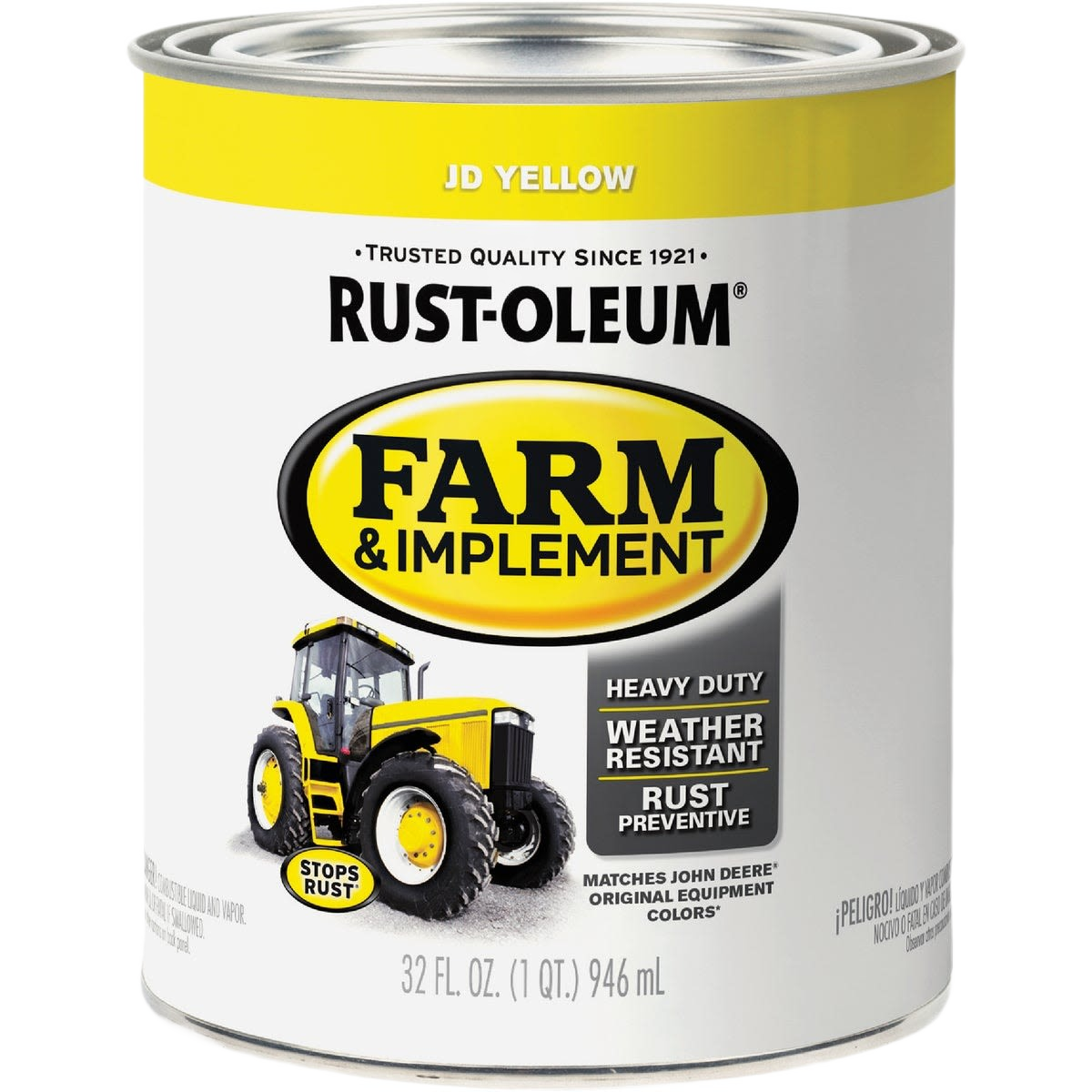 Quart can of Rust-Oleum Farm & Equipment enamel paint in John Deere yellow for specialty paint and home improvement