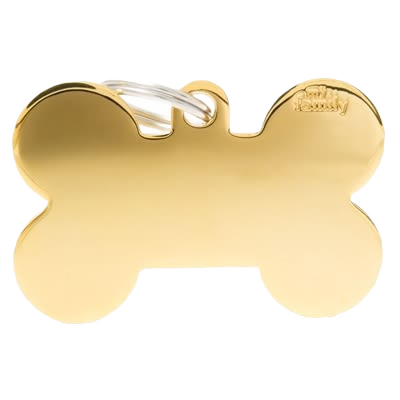 Polished gold bone-shaped pet ID tag with clear attachment ring for collar identification and personalization