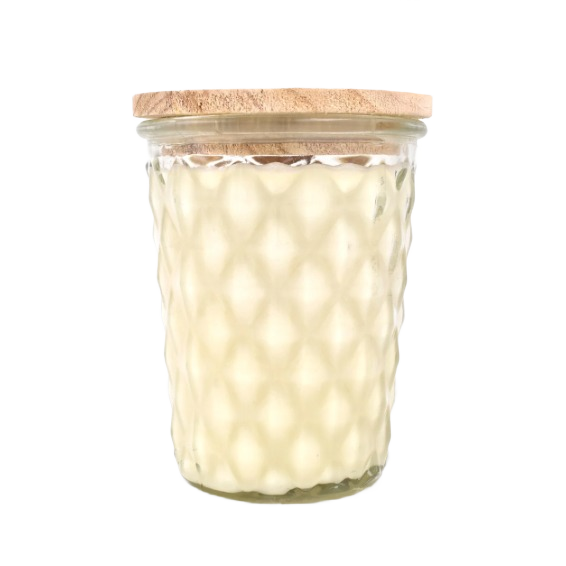 Textured glass jar candle with wooden lid, creamy wax for cozy autumn home ambiance and decor