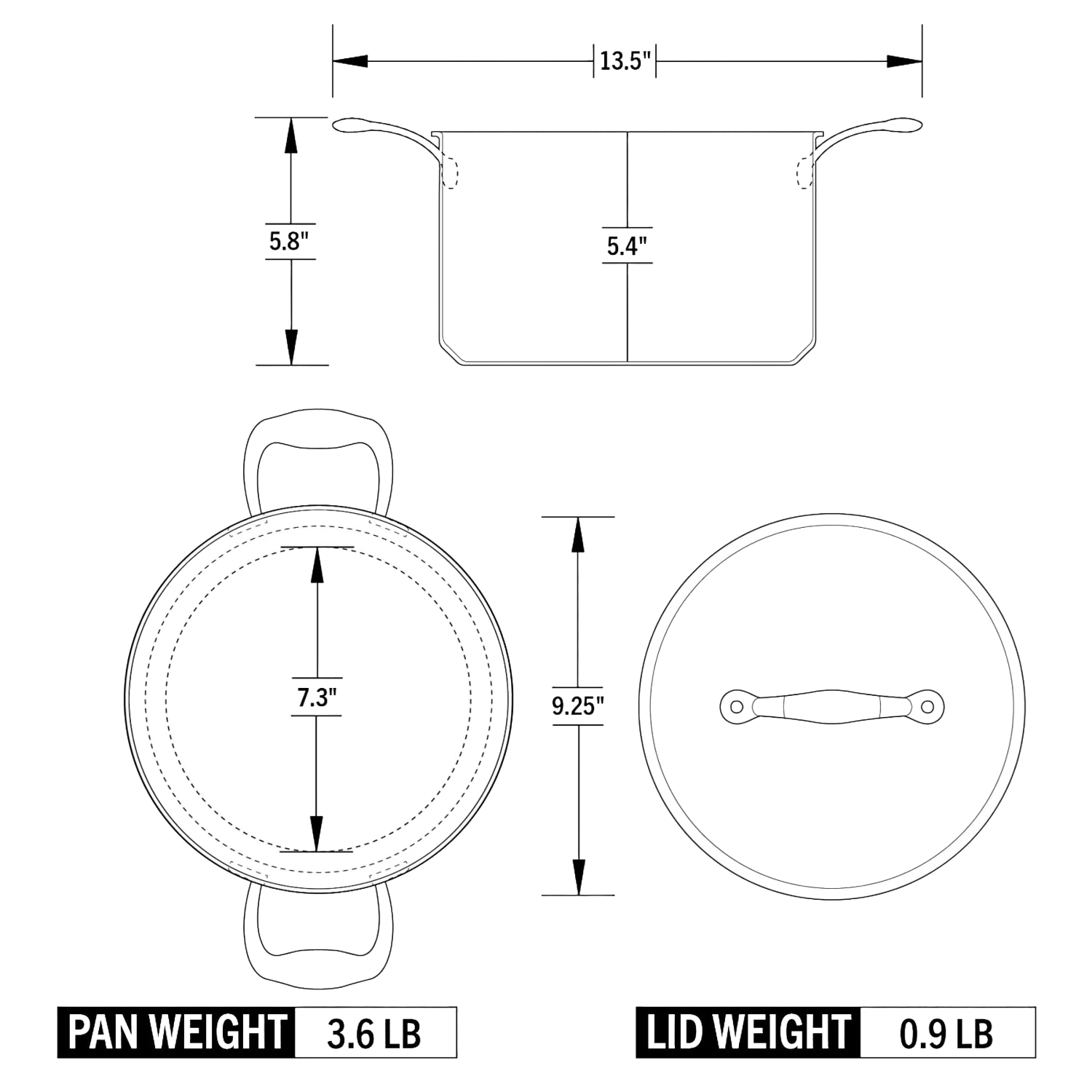 Technical drawing of a fully clad steel 5-quart sauce pot and lid with dimensions and weight details for kitchenware collections.