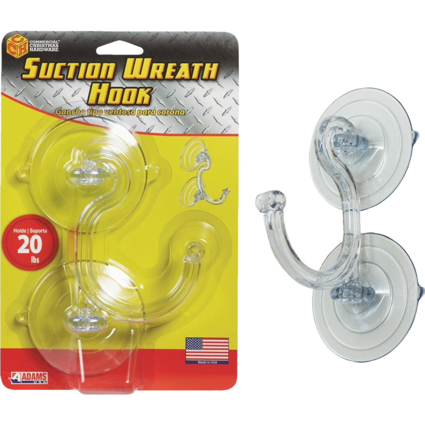 Clear double suction cup hook with 20 lb capacity for hanging wreaths in indoor Christmas decorations and home improvement collections