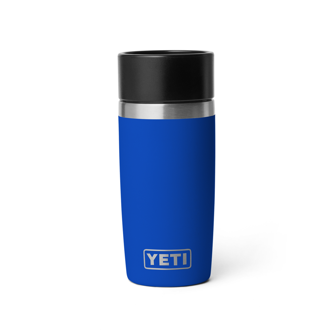 Blue stainless steel insulated travel bottle with black lid, ideal for drinkware and kitchenware collections under $50.