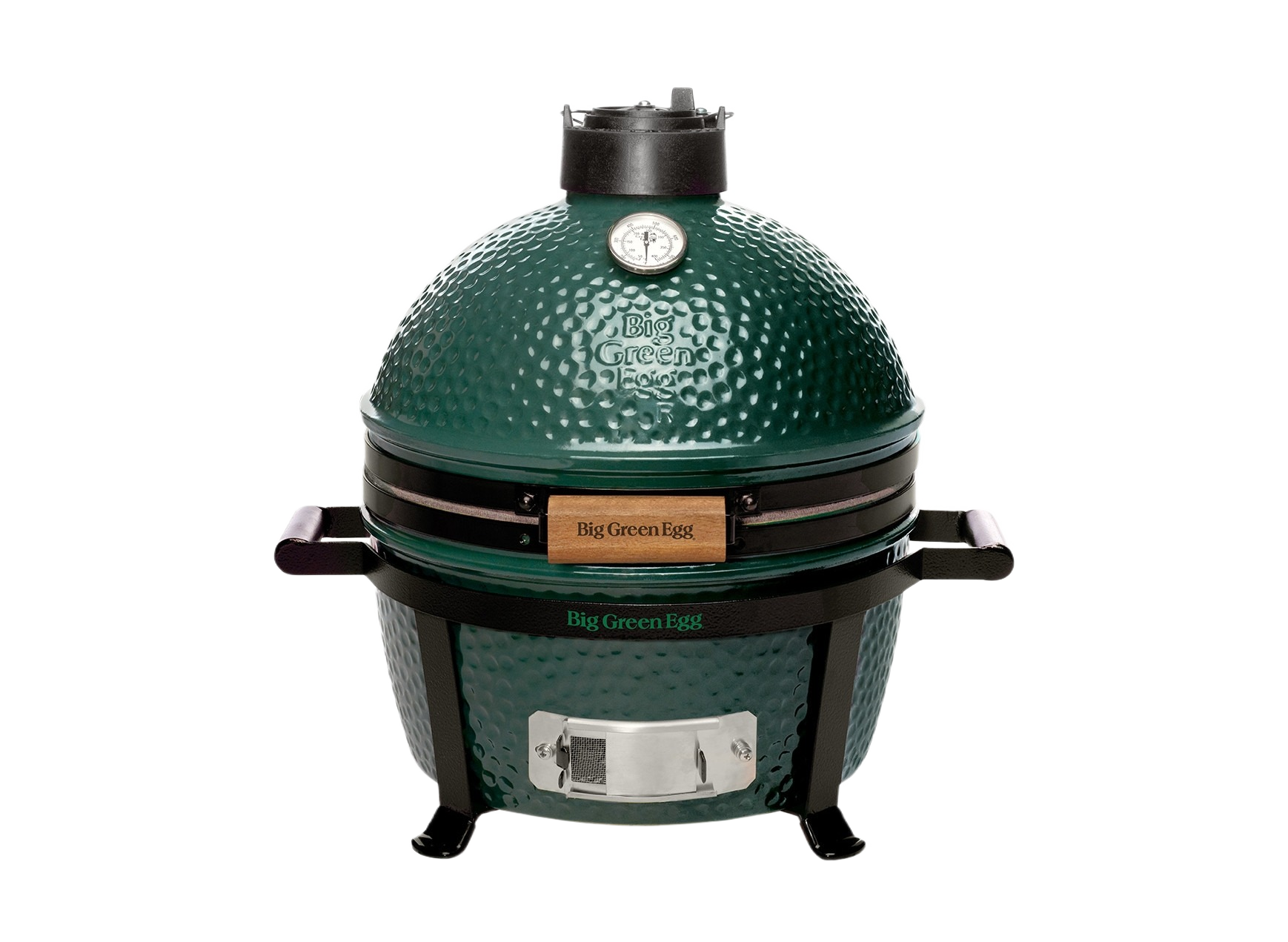 Compact green ceramic kamado grill with built-in thermometer and sturdy handles for charcoal grilling and outdoor living