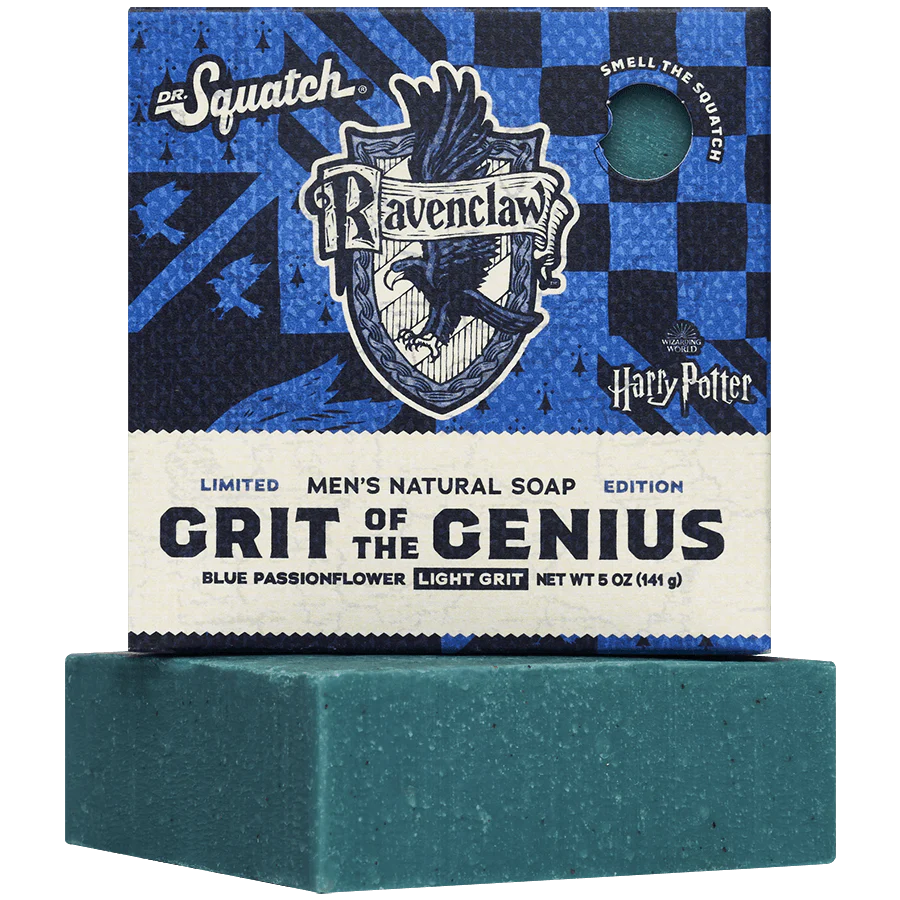 Blue natural bar soap with Ravenclaw crest packaging, scented with blue passionflower for men's grooming.