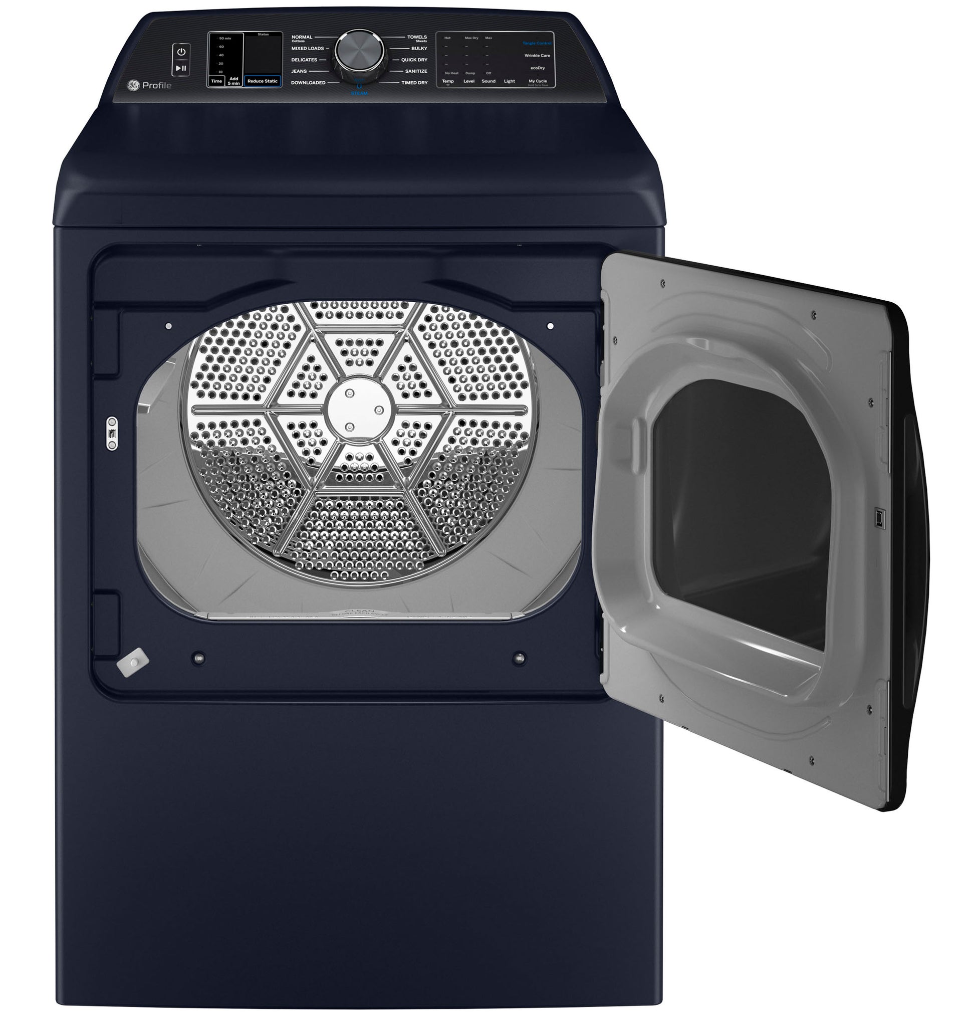 Open door of navy blue smart gas dryer showing stainless steel drum and control panel in Dryers and Appliances collections