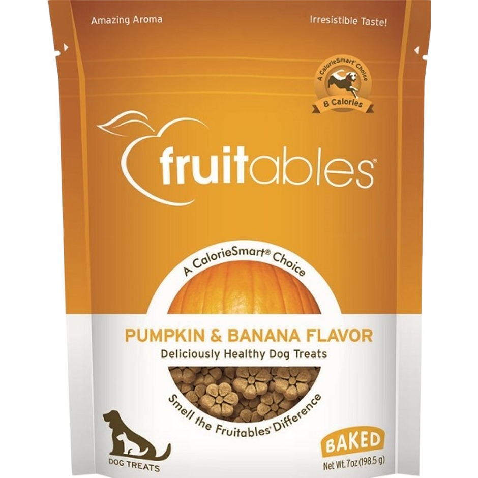 Bag of baked pumpkin and banana flavored healthy dog treats with visible small crunchy pieces in pet supplies collection