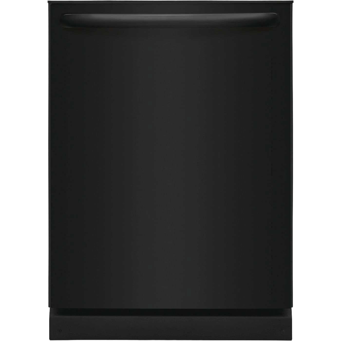 Matte black 24-inch built-in dishwasher front panel with recessed handle for kitchen appliance installation