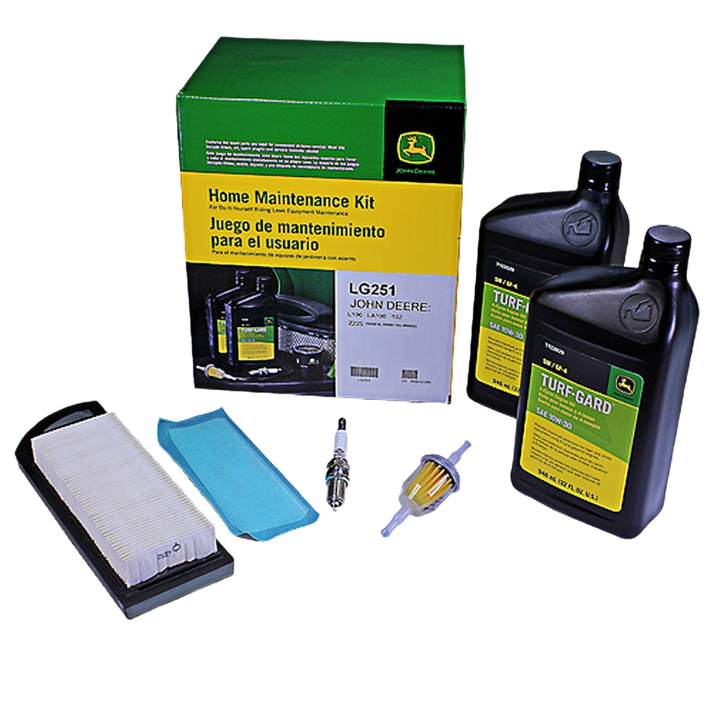 Home maintenance kit with oil bottles, air and fuel filters, and spark plug for tools and home improvement tasks