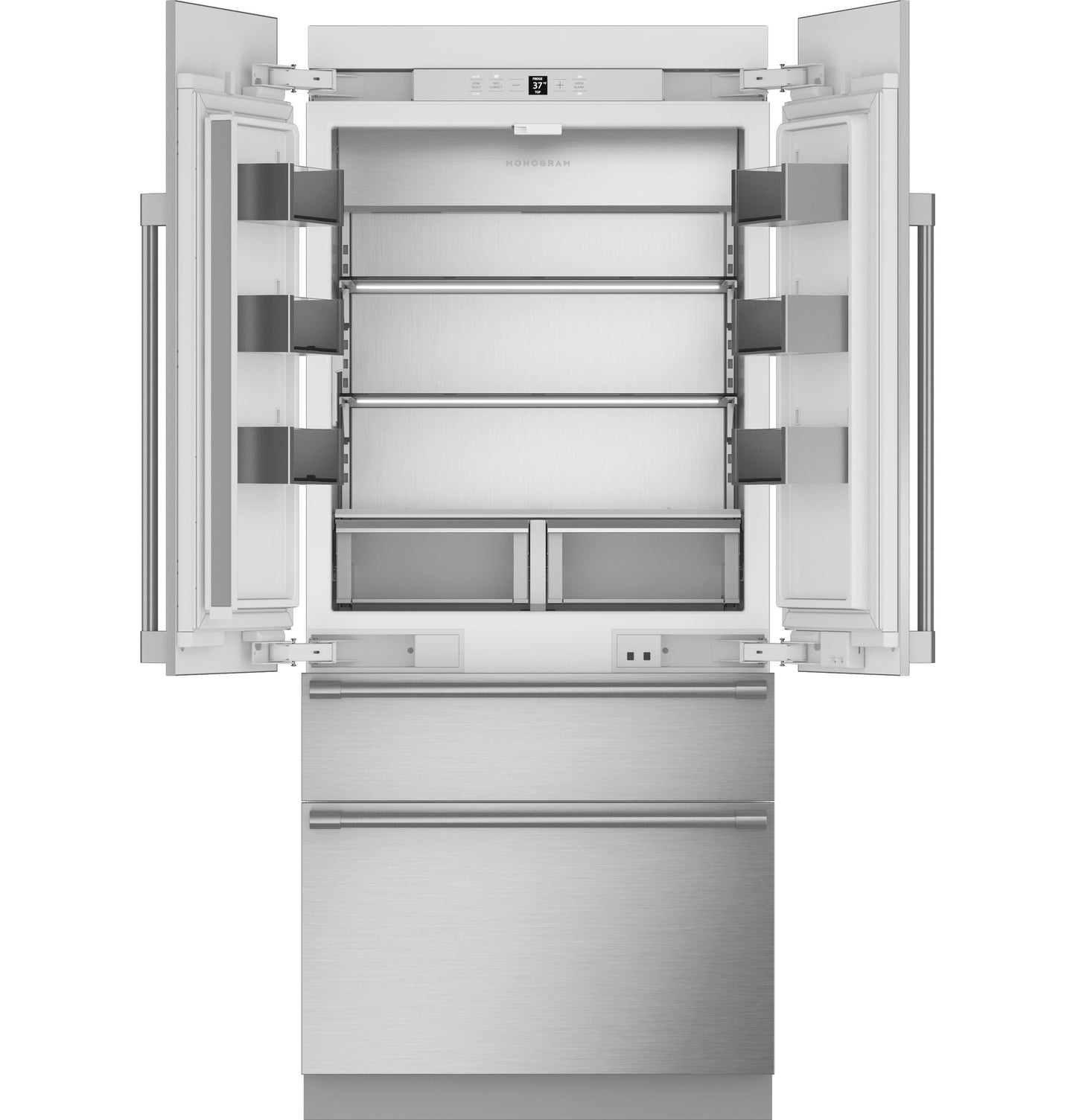 Open stainless steel panel-ready integrated French-door refrigerator with adjustable shelving and dual crisper drawers from appliance collection