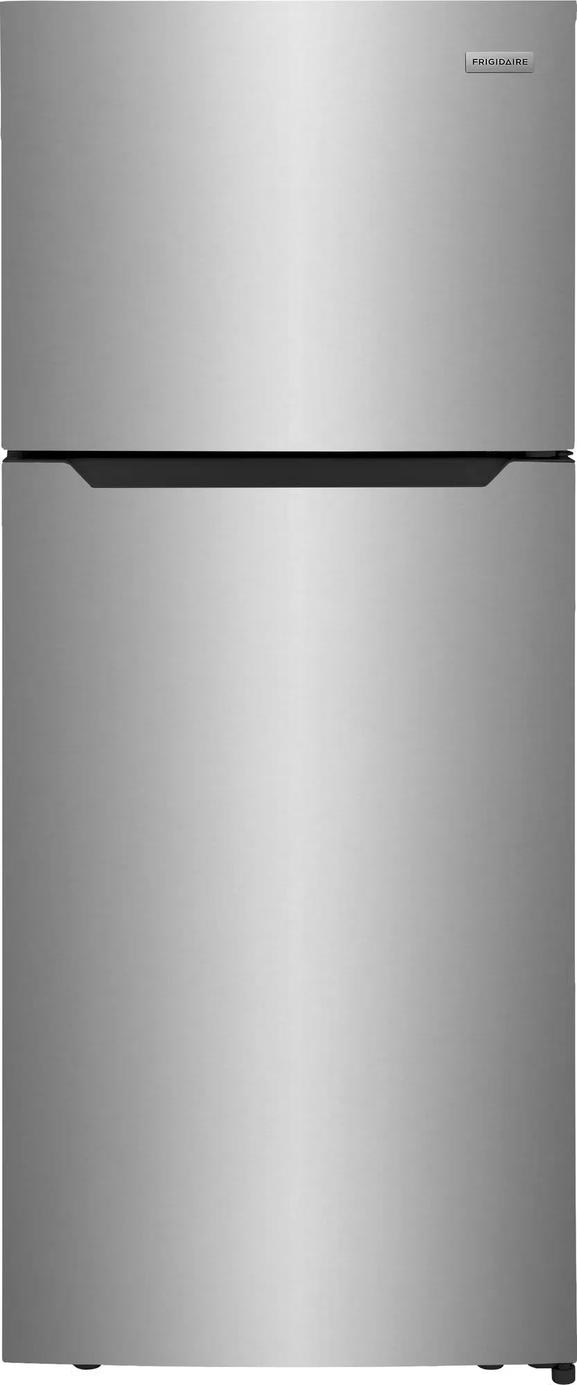 Stainless steel top freezer refrigerator with smooth finish and discreet handle in kitchen and appliance collections