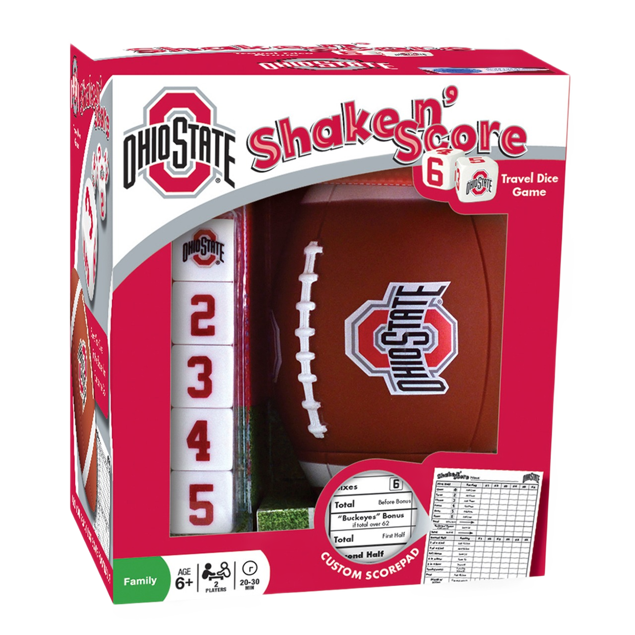Travel dice game featuring Ohio State Buckeyes football-themed dice and scorepad in collectible packaging