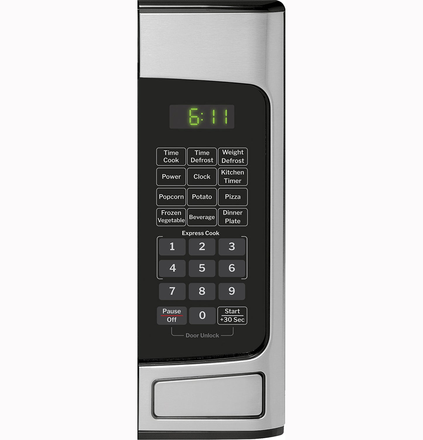 Close-up of stainless steel microwave control panel with digital clock and preset cooking buttons in kitchenware collection