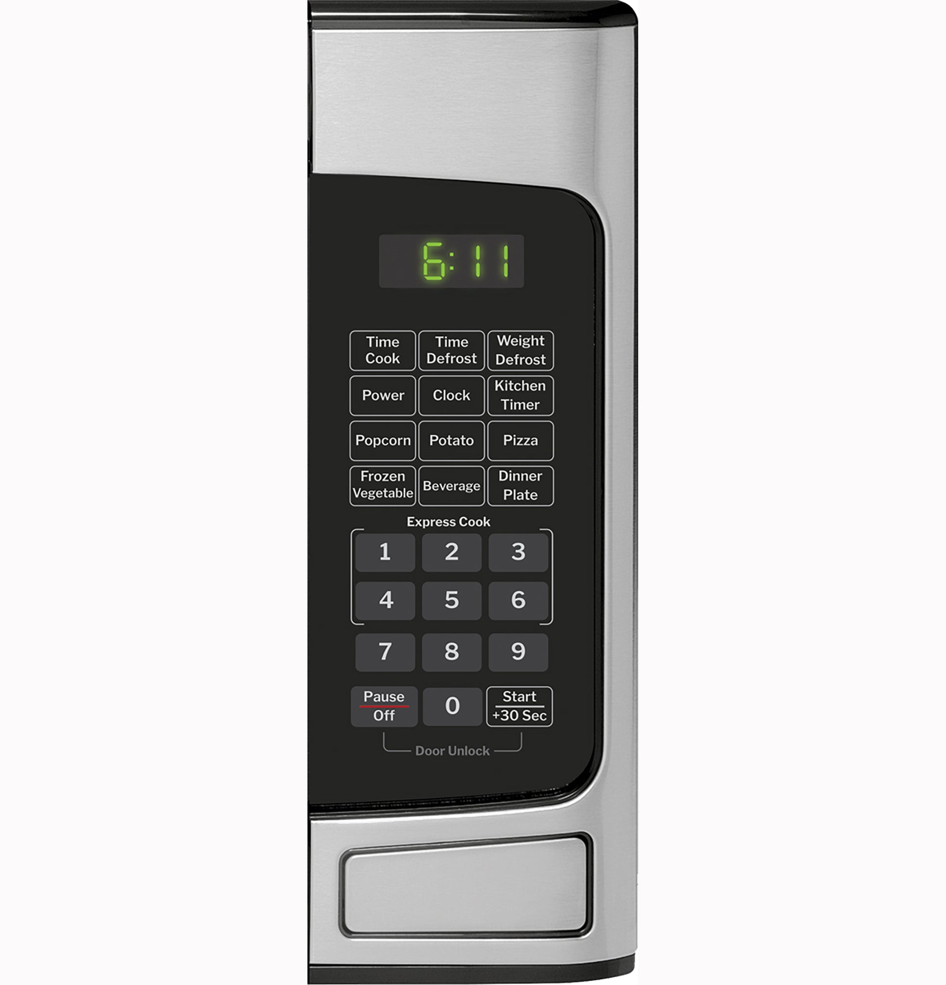 Close-up of stainless steel microwave control panel with digital clock and preset cooking buttons in kitchenware collection