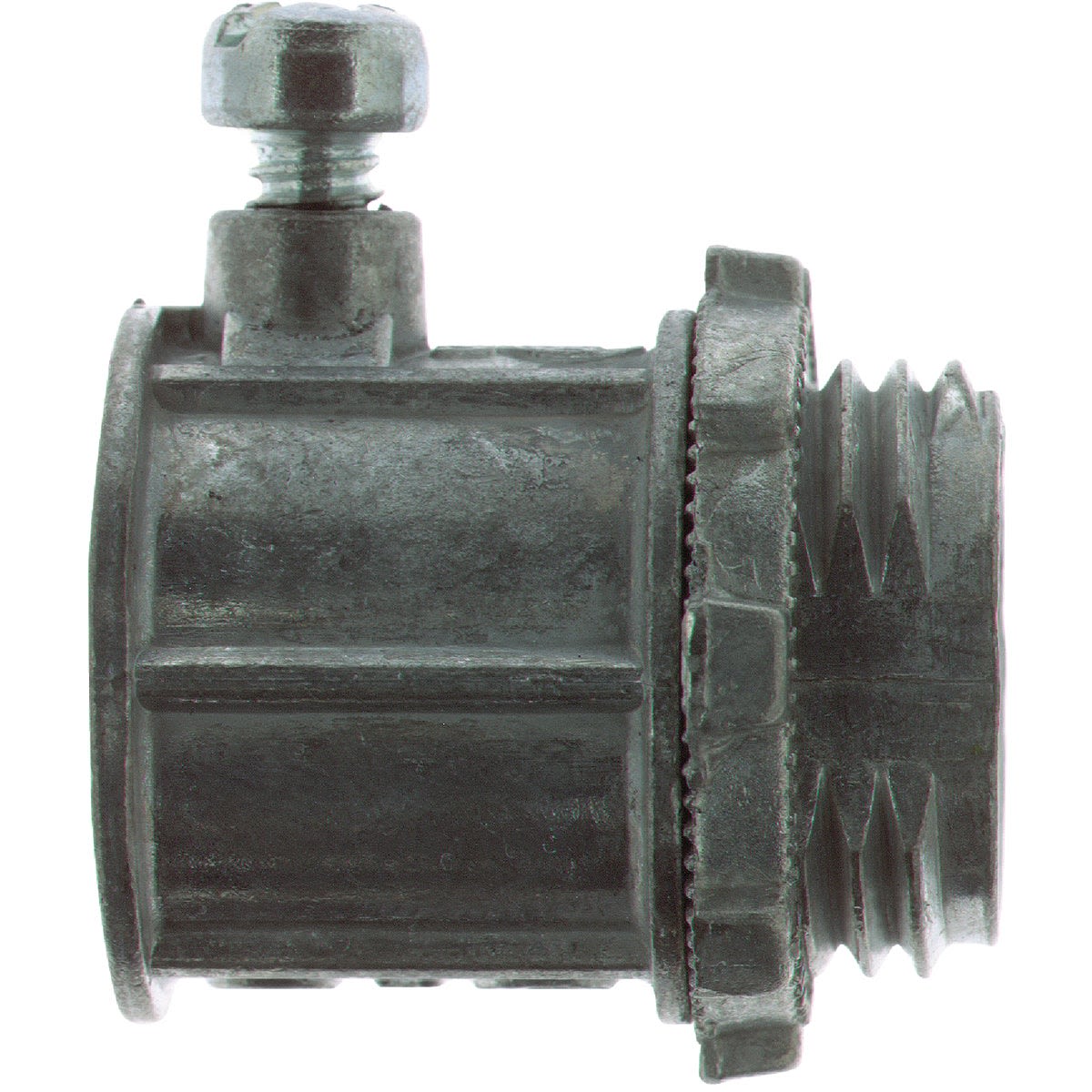 Metal compression conduit connector with threaded end and tightening screw for electrical and home improvement use