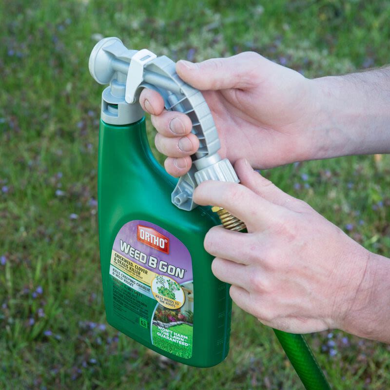 Person attaching green Ortho Weed B Gon lawn weed killer spray bottle to garden hose for lawn care under $50 collections