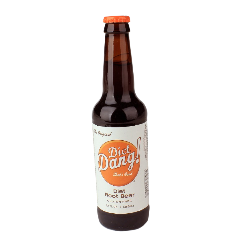 Glass bottle of diet root beer with orange cap and label featuring retro-style logo and gluten-free text