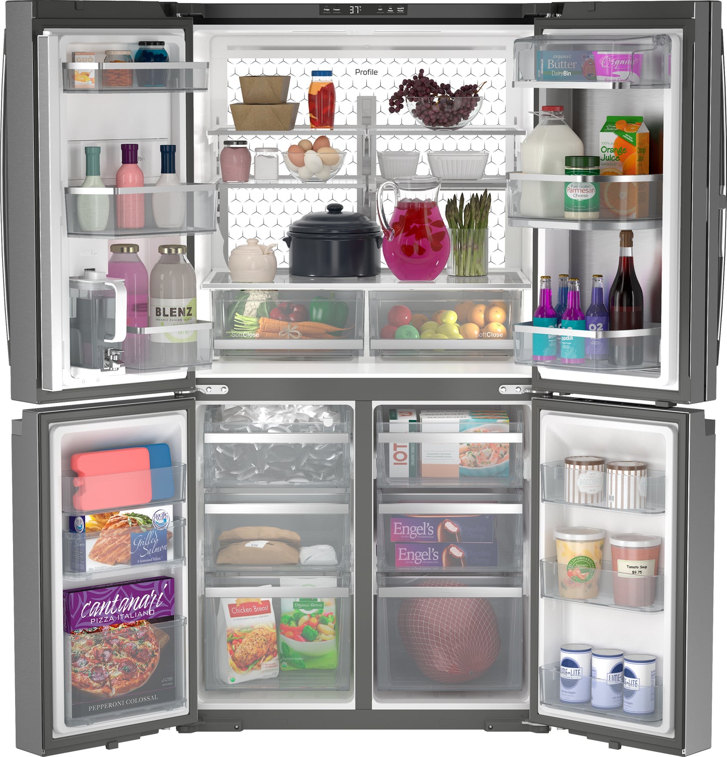 Counter-depth quad-door stainless steel refrigerator open showing organized food storage in kitchen appliances collection