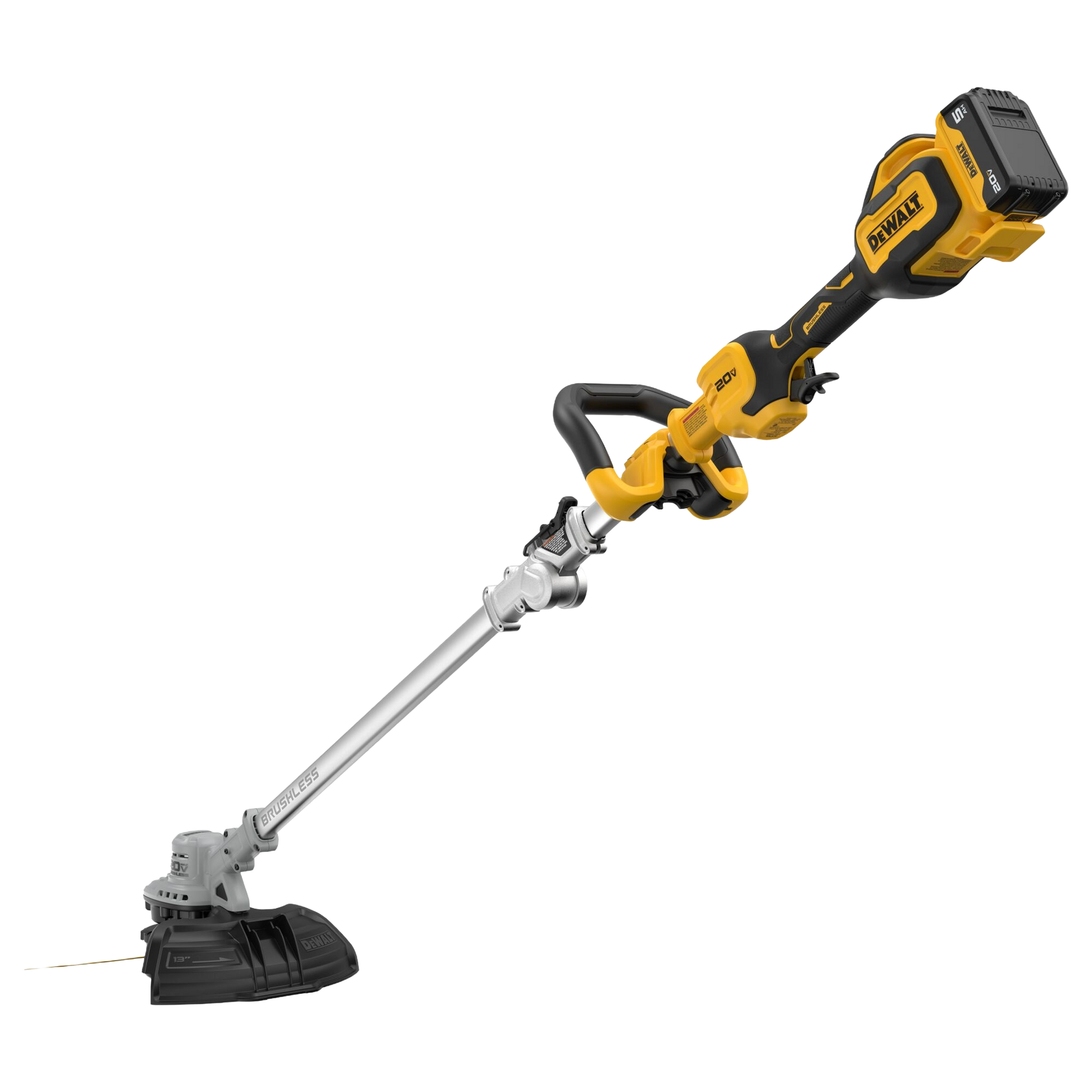 Yellow and black cordless foldable string trimmer with brushless motor and adjustable handle for outdoor power equipment and lawn care tools.