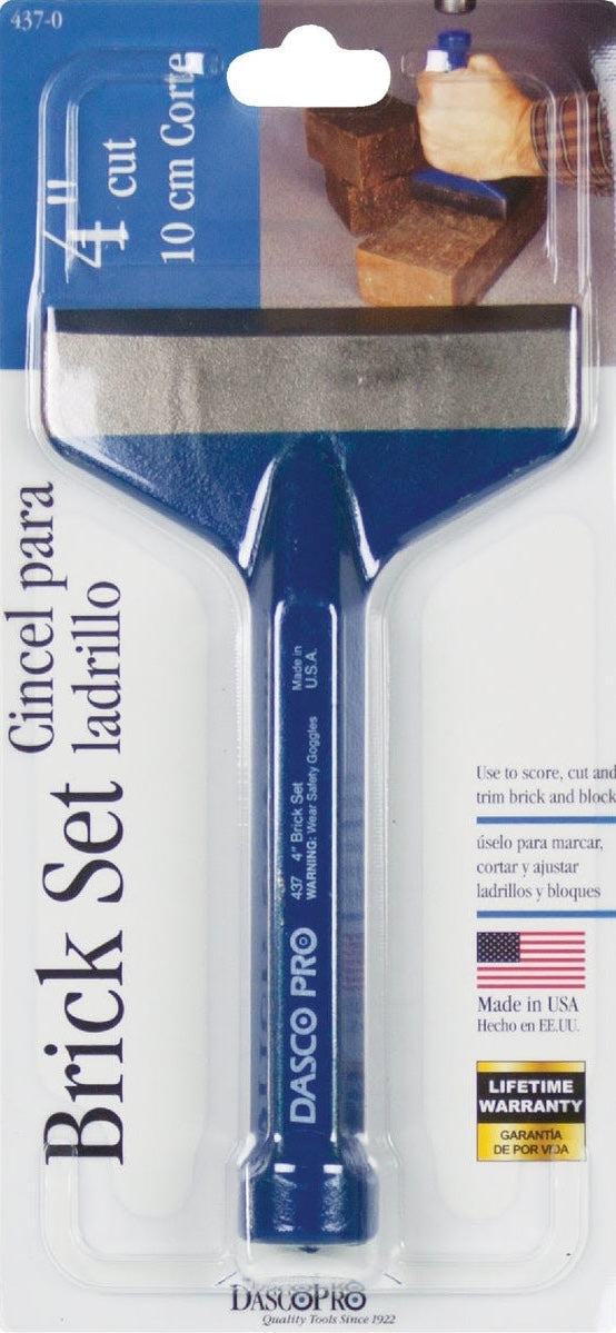Steel brick set with wide cutting edge and blue handle for scoring and trimming bricks in home improvement tasks