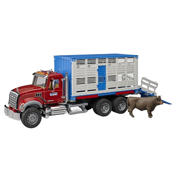 Detailed red and blue toy livestock transport truck with detachable trailer and realistic cattle figure for play