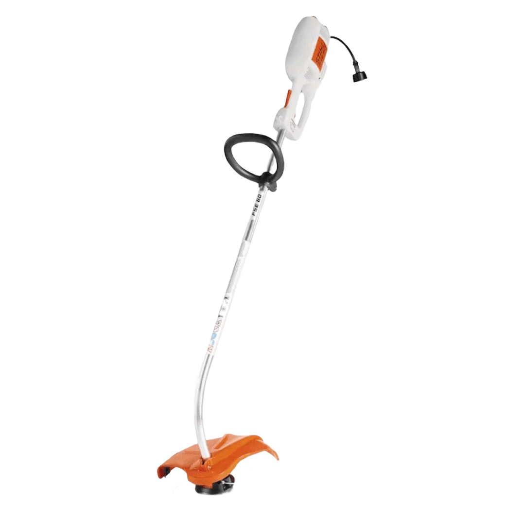 Electric grass trimmer with orange cutting guard and ergonomic handle for home improvement and yard maintenance tasks