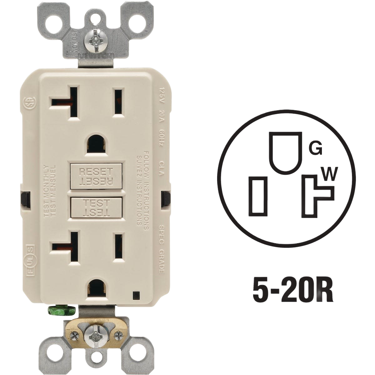 Commercial grade light almond GFCI outlet with rounded design and test and reset buttons for home improvement use