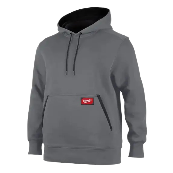 Gray pullover hoodie with adjustable hood and front zippered pockets featuring red logo patch from women's clothing under $100 collection