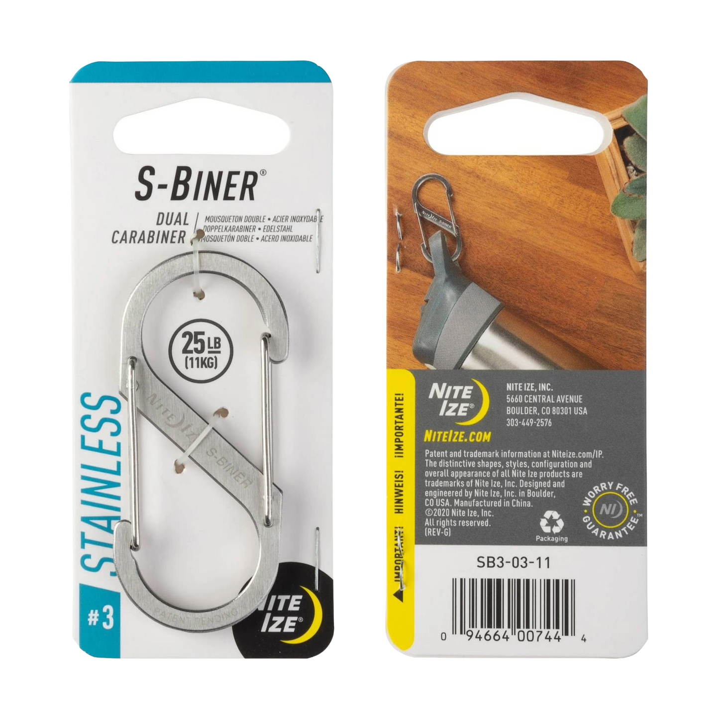 Front and back view of stainless steel dual carabiner with 25 lb capacity, displayed on retail packaging in hardware collection