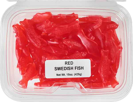 Plastic tub filled with red Swedish Fish gummy candies in the candy and food & beverage collection