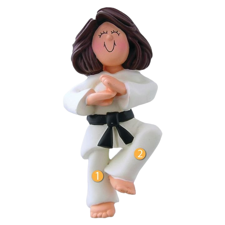Brunette female karate figure in white gi with black belt, smiling pose from Christmas Ornaments & Tree Decorations under $50 collection