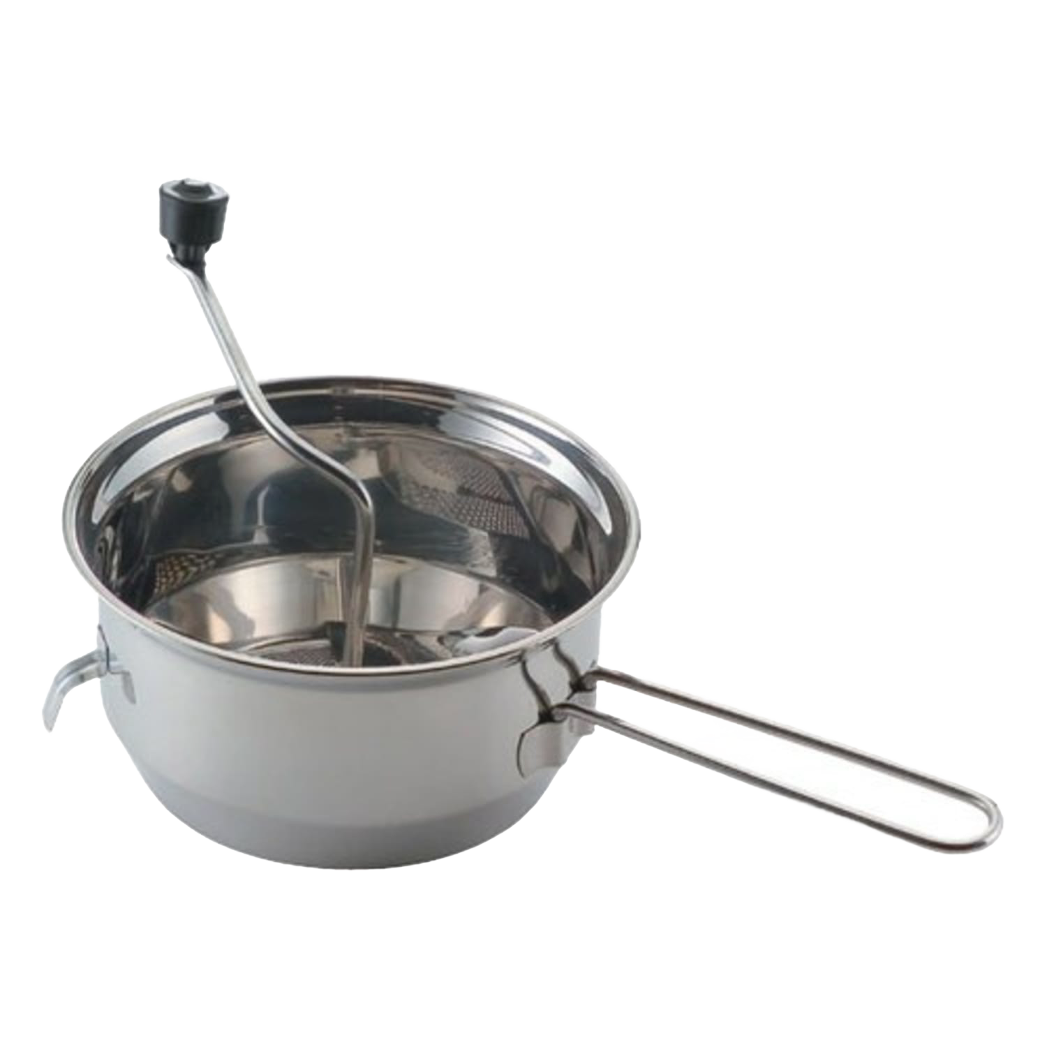 Stainless steel food mill with hand crank and fine mesh screen, part of small kitchen appliances and kitchenware collections