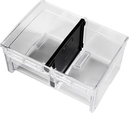 Clear plastic removable storage bin with adjustable black divider for organizing small parts or tools