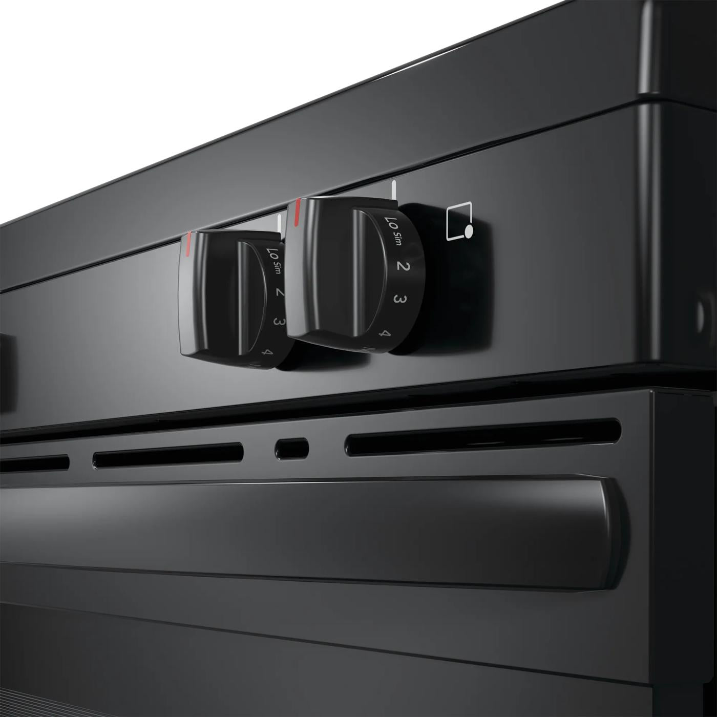 Close-up of black control knobs and handle on 30" electric range in kitchen appliances and ranges collection
