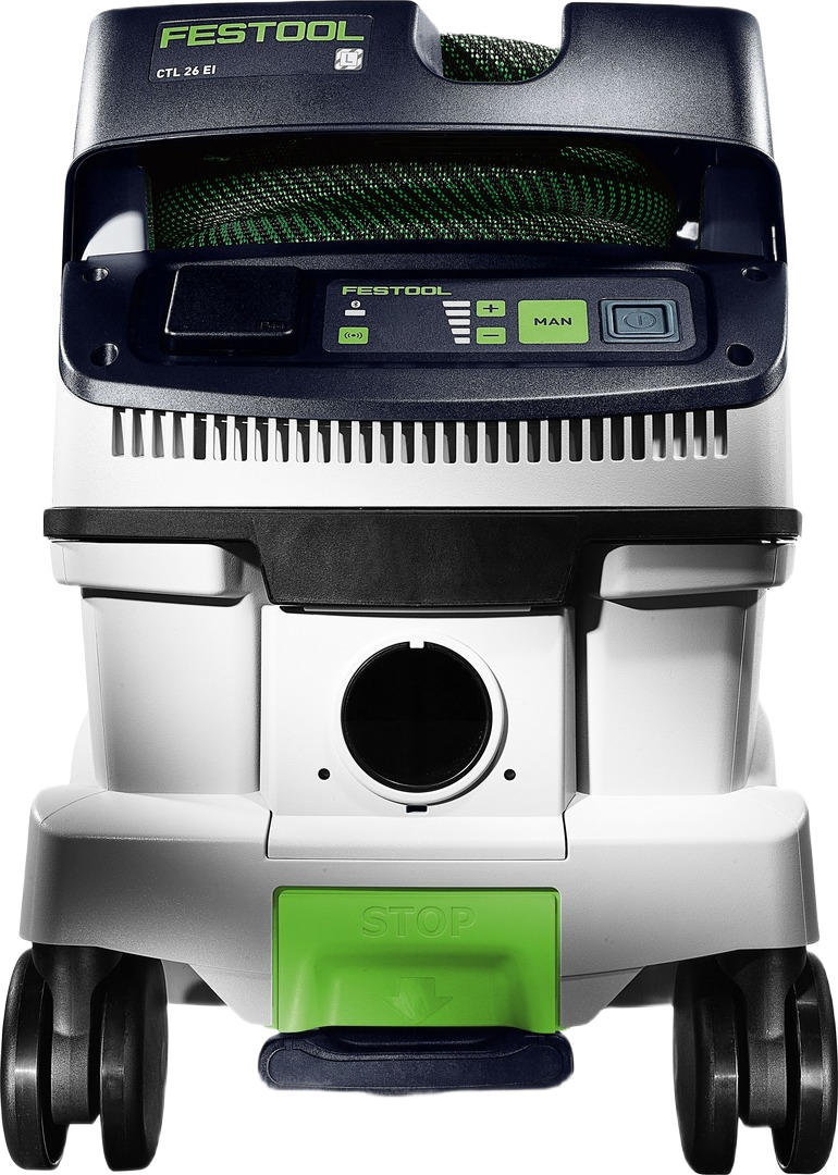 Compact Festool dust extractor with HEPA filter, control panel, and durable wheels for woodworking and air filtration tasks
