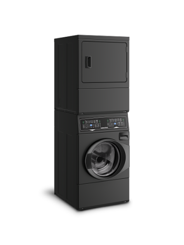 Matte black 27" stacked front load gas washer and dryer combo with digital controls for appliance laundry centers collections