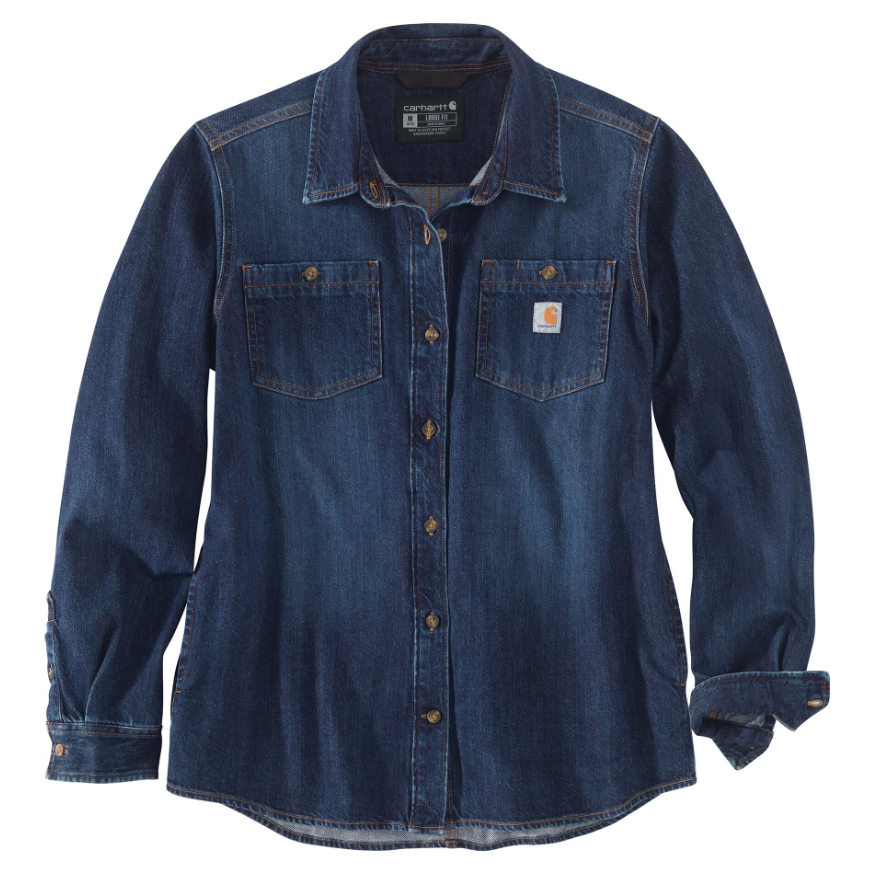 Women's dark blue denim long sleeve shirt with button front and chest pockets for workwear and casual use