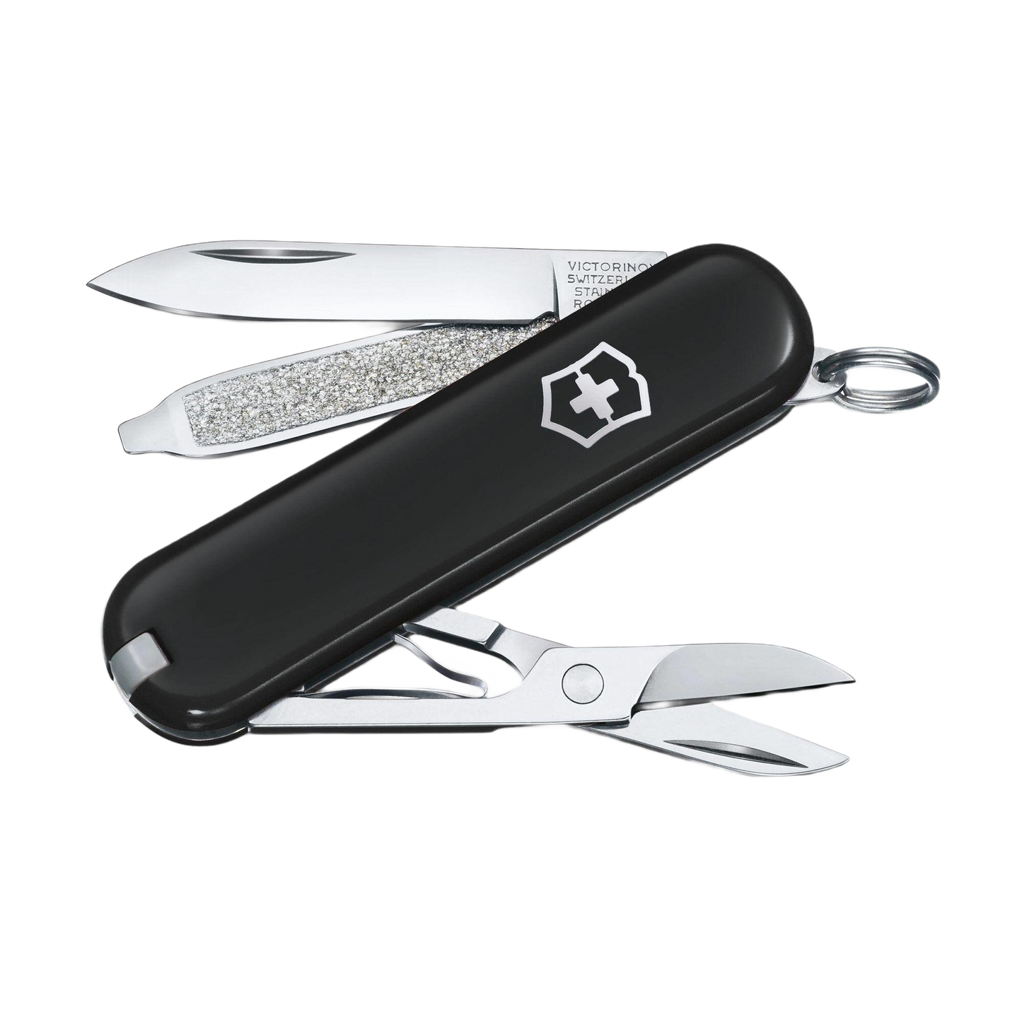 Compact black multi-tool pocket knife with blade, nail file, and scissors for cutting and woodworking tasks under $50 collections