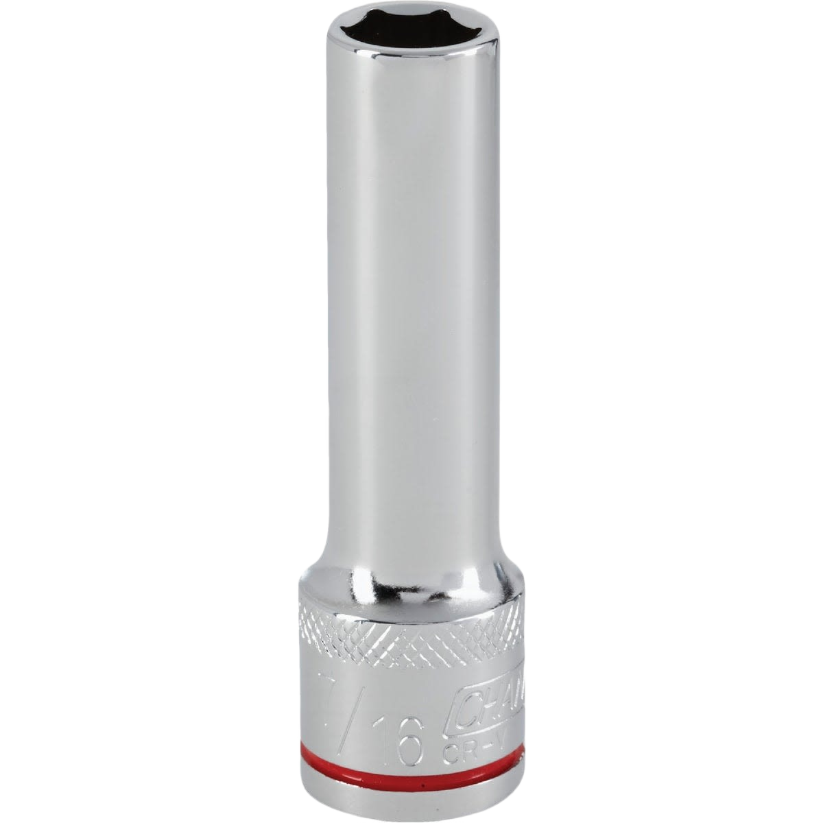 Chrome-finished deep socket with 7/16 inch 6-point design for use in hand tools and woodworking projects under $50
