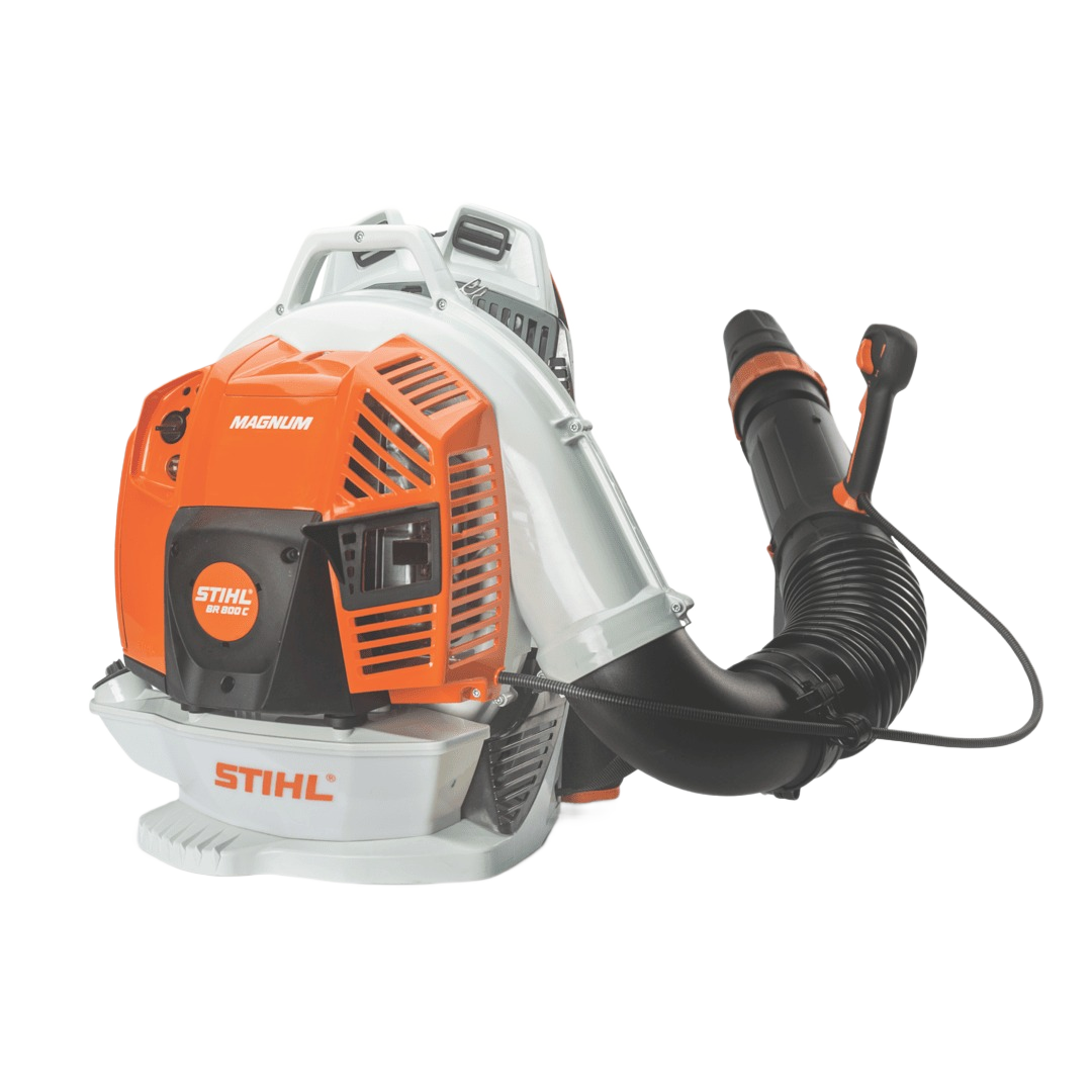 Orange and white backpack blower with flexible black nozzle and ergonomic handle for outdoor home improvement use