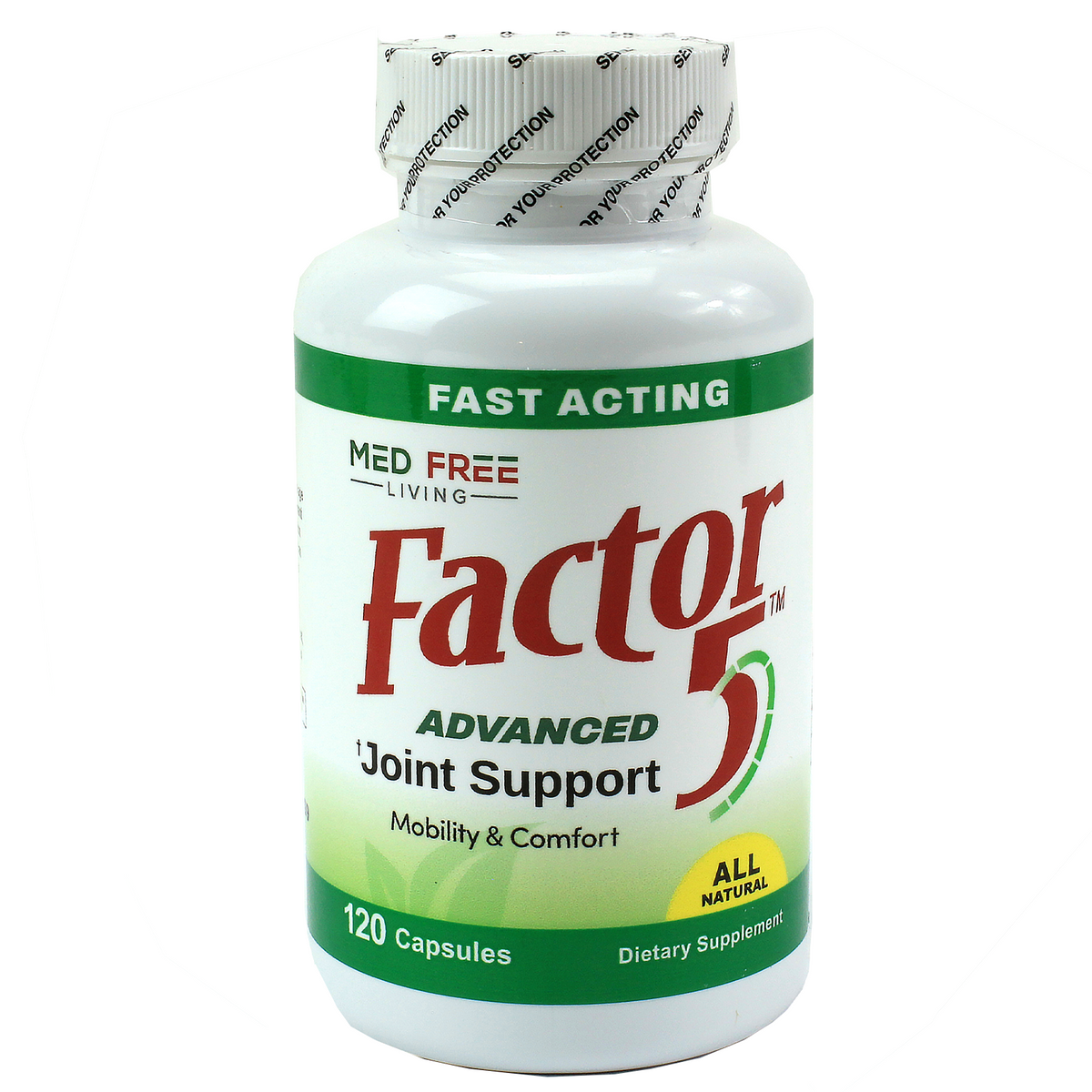 Bottle of Med Free Living Factor 5 Advanced joint support capsules for mobility and comfort, all natural formula