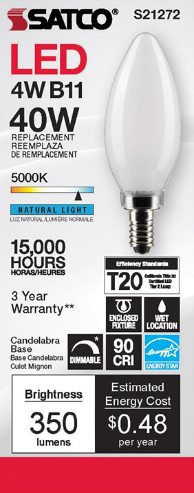 Satco 4 watt frosted B11 LED candelabra base bulb with natural light for energy-efficient home improvement use
