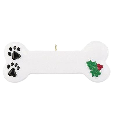 White dog bone ornament with black paw prints and green holly decoration for Christmas tree under $50 collection