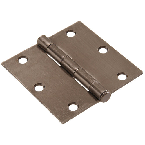 Pewter finish residential door hinge with square corners and six screw holes for home improvement projects