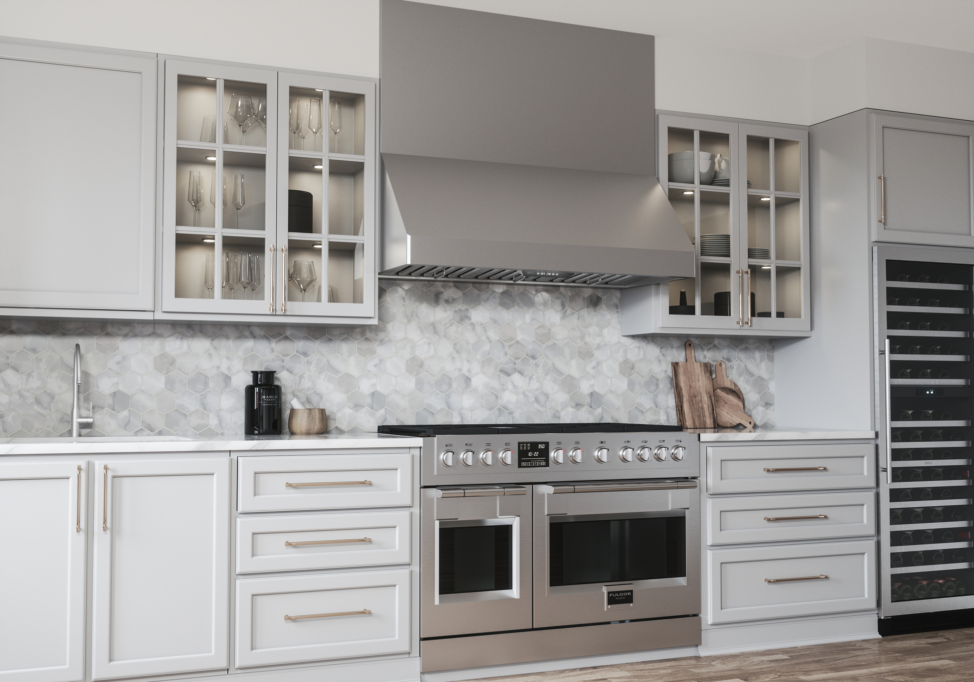 Large stainless steel canopy hood with LED lighting above professional double oven range in kitchen and range hoods collection
