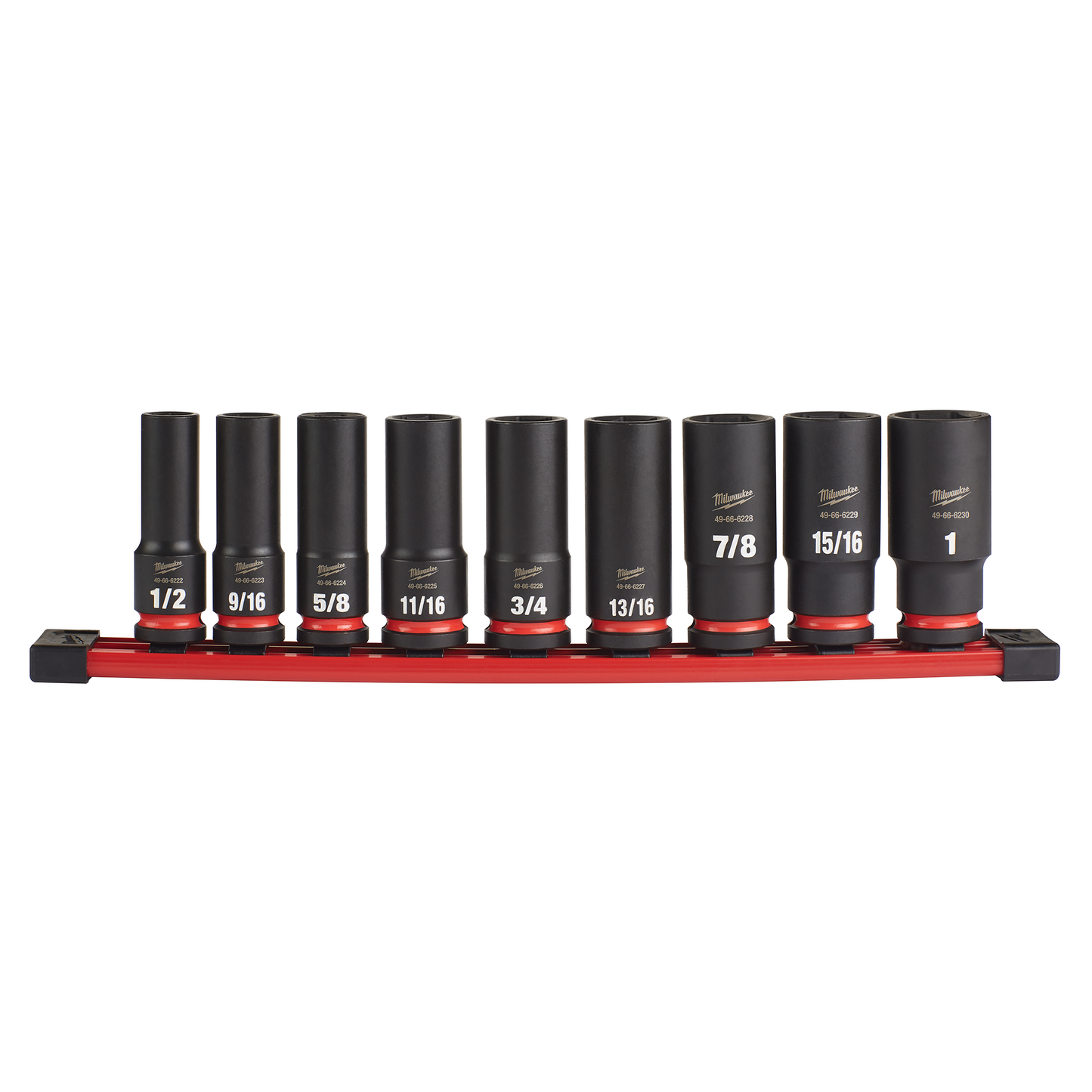 Set of nine deep impact sockets in SAE sizes on red rail for hand tools and Milwaukee woodworking tool collections