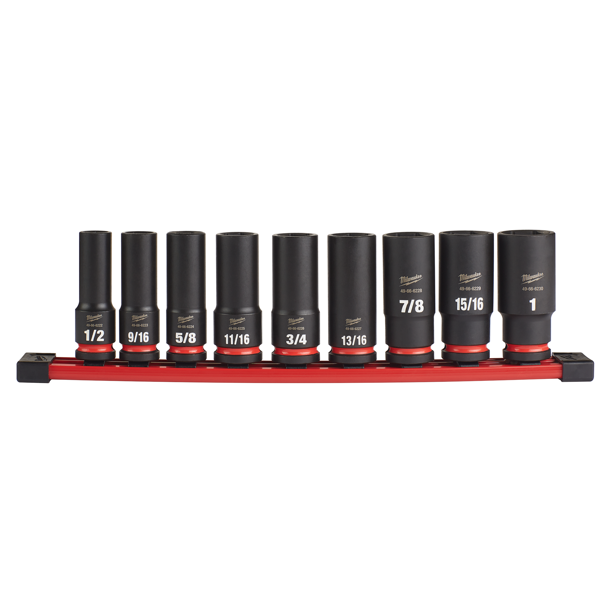 Set of nine deep impact sockets in SAE sizes on red rail for hand tools and Milwaukee woodworking tool collections