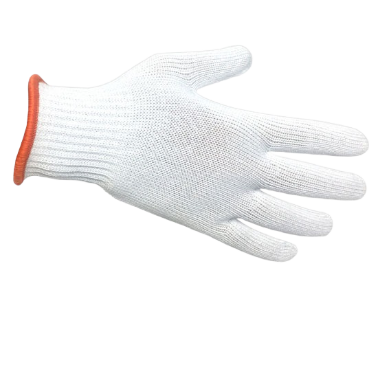 White cutlery glove with orange cuff designed for protection in grilling and outdoor living tasks