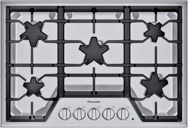 30-inch stainless steel 5-burner gas cooktop with patented Star® burners and control knobs from Thermador collection